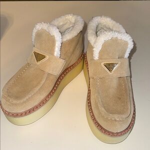 Prada Beige Suede Shearling-Trim Platform Loafers WORN ONCE